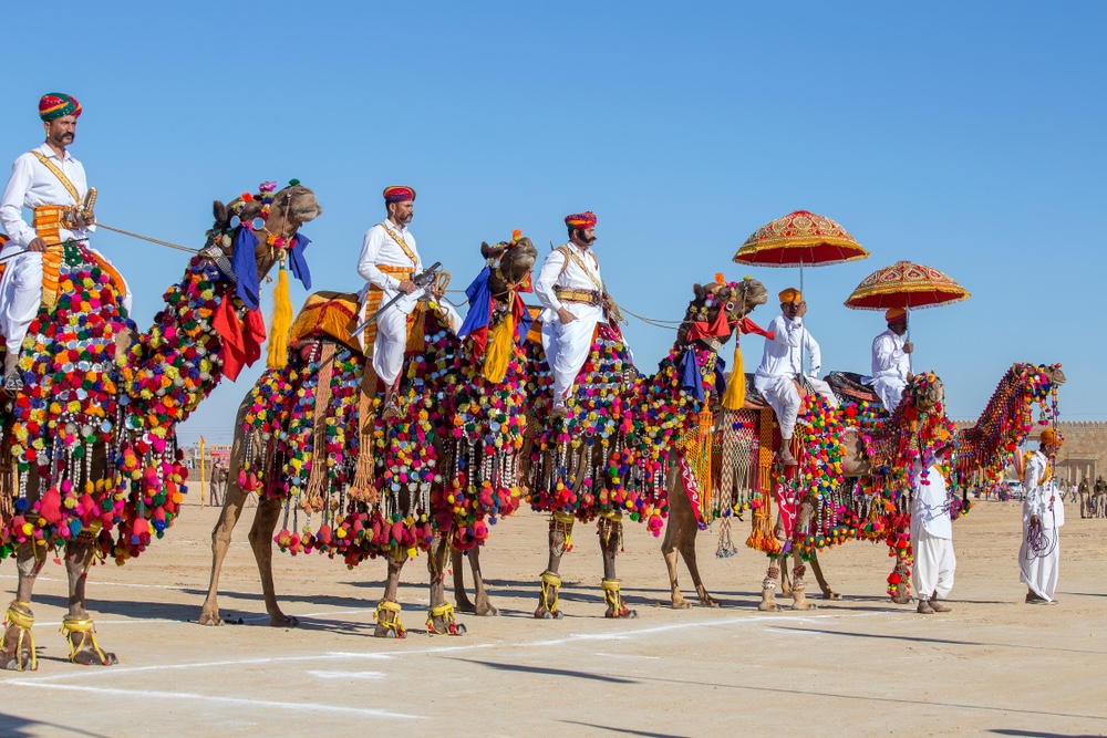 Camel and indian men wearing traditional Rajasthani dress participate in Mr. Desert contest as part of Desert Festival in Jaisalmer, Rajasthan, India