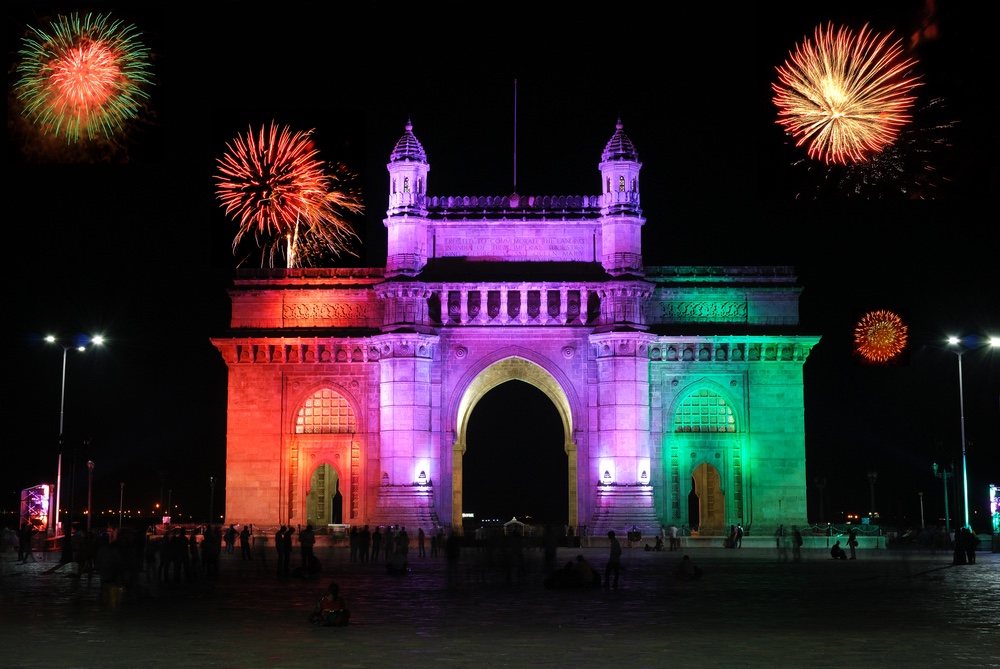 Mumbai’s iconic historical landmark Gateway of India illuminared and with fireworks on special occasion or festivals. Mumbai's iconic historical landmark Gateway of India illuminared and with fireworks on special occasion or festivals.